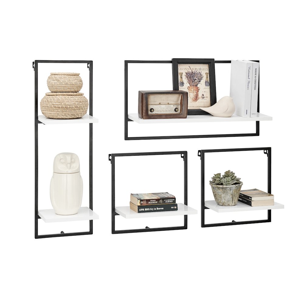 Framed Wall Art 4-Piece Modern Shelf Set - Black Metal Frame White MDF Shelves