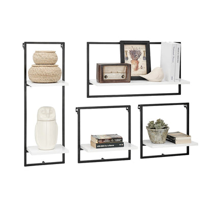 Framed Wall Art 4-Piece Modern Shelf Set - Black Metal Frame White MDF Shelves