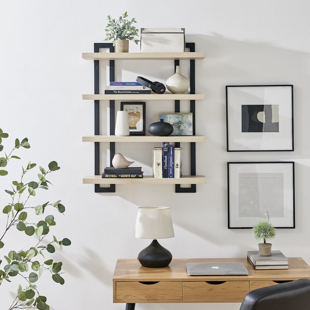 4-Tier Floating Bracket Wall Shelf - Black Metal and White Birch Finish
