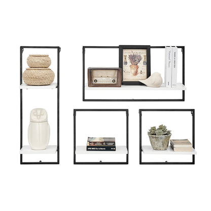 Framed Wall Art 4-Piece Modern Shelf Set - Black Metal Frame White MDF Shelves