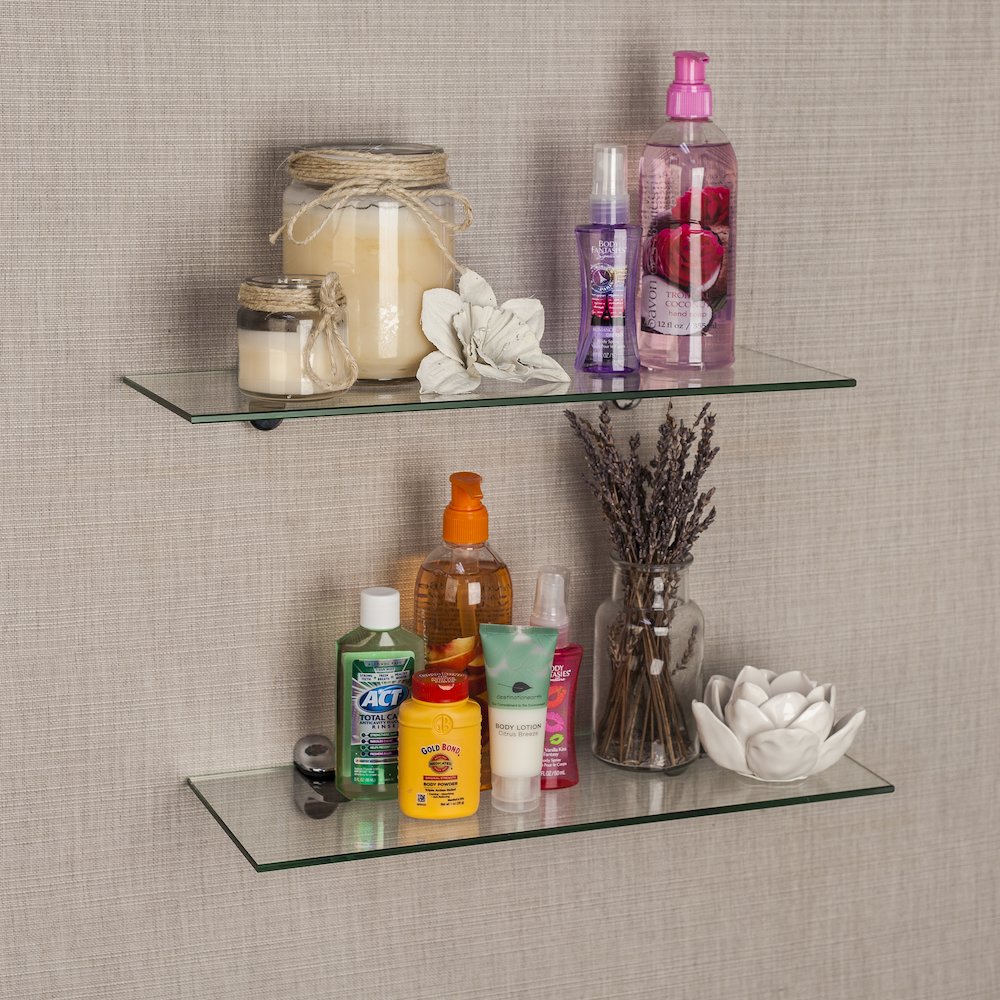 Set of 2 Clear Glass Floating Shelves with Chrome Brackets 16 x 6"