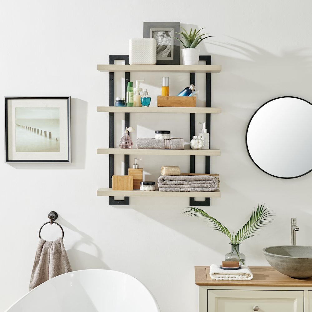 4-Tier Floating Bracket Wall Shelf - Black Metal and White Birch Finish