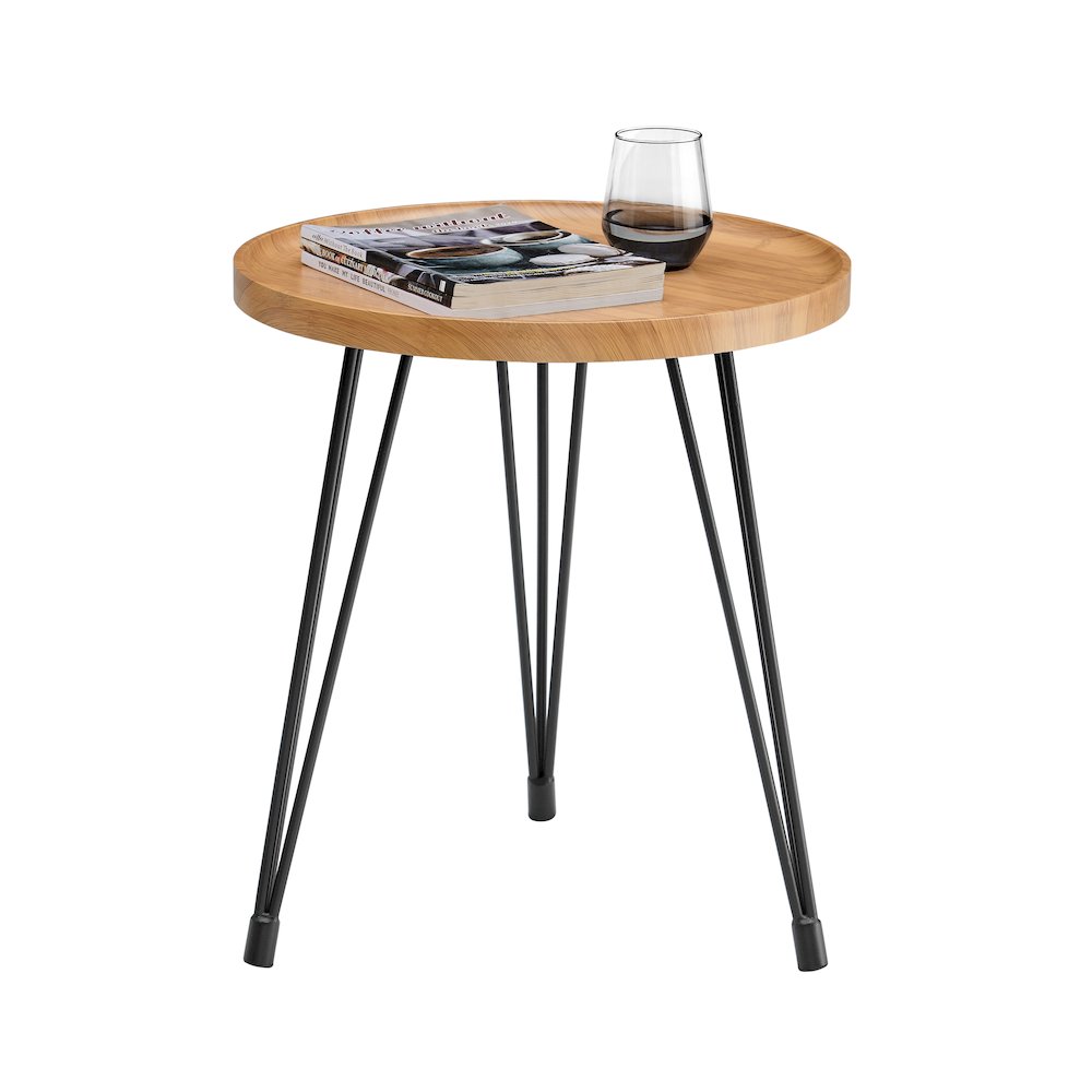 Tadao Raised Lip Edge Side Table with Black Metal Hairpin Legs - Round - Bamboo