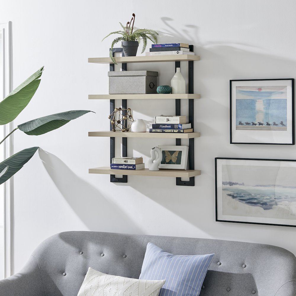 4-Tier Floating Bracket Wall Shelf - Black Metal and White Birch Finish