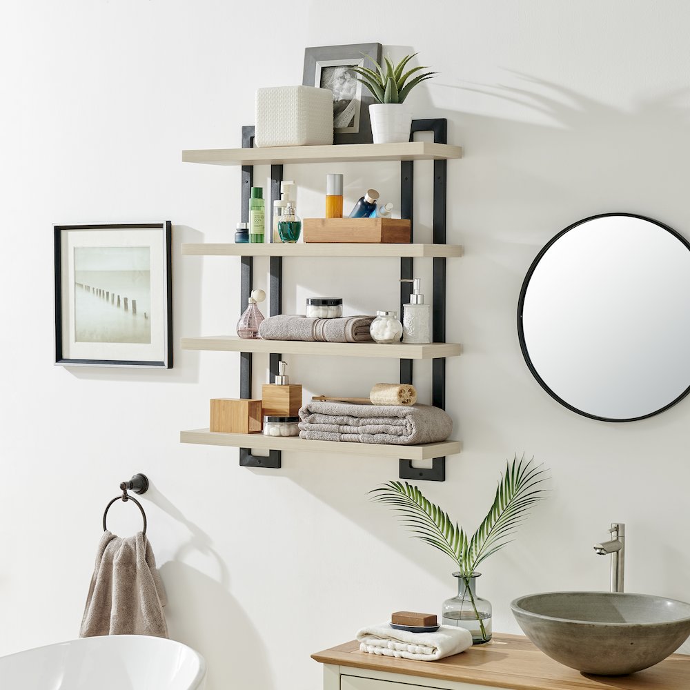 4-Tier Floating Bracket Wall Shelf - Black Metal and White Birch Finish