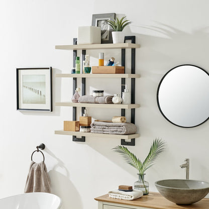 4-Tier Floating Bracket Wall Shelf - Black Metal and White Birch Finish