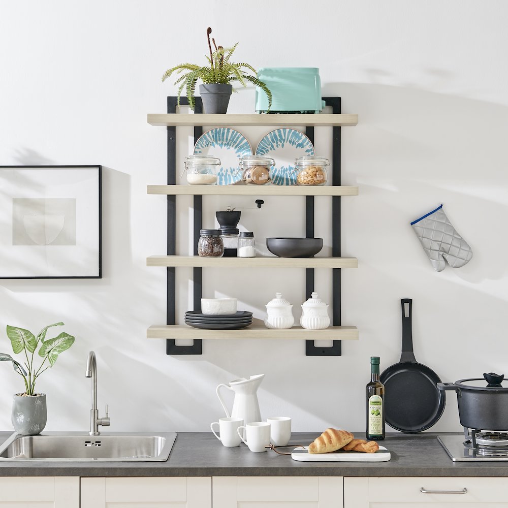 4-Tier Floating Bracket Wall Shelf - Black Metal and White Birch Finish