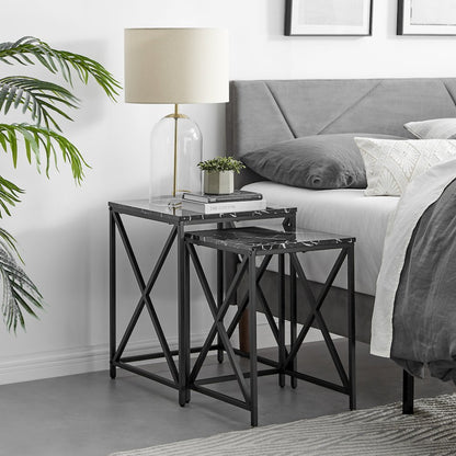 Modern Square Veneer Black Metal Frame Nesting End Tables Black Marble Set of 2