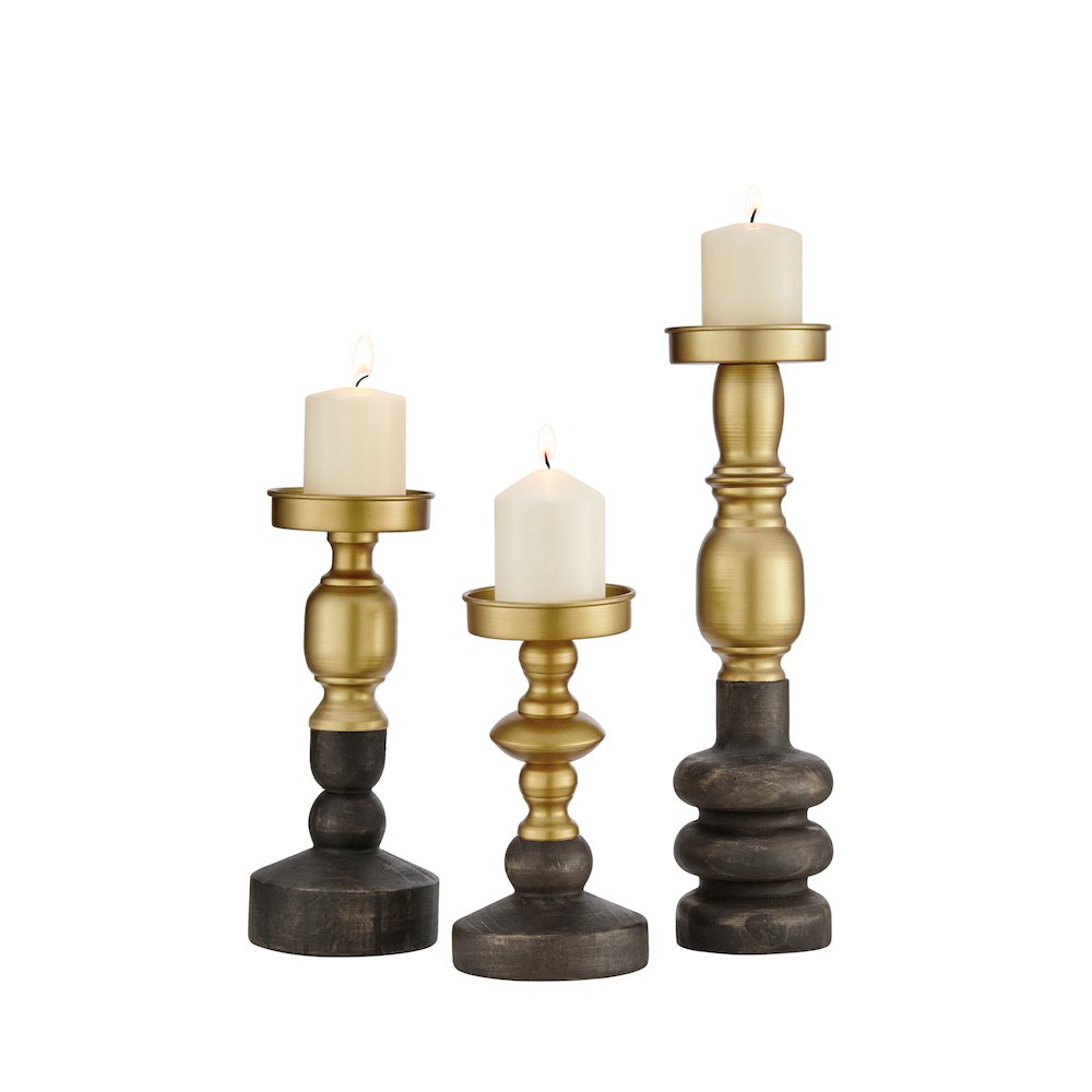 Nara Brass Wood Taper Candlestick Pillar Candle Holders - Set of 3