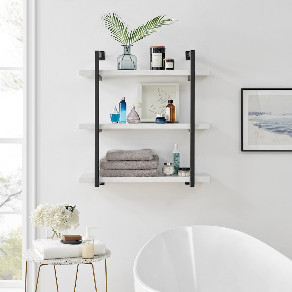 Modern 3-Tier Hanging Bracket Wall Shelves in Black Metal and White Birch Finish