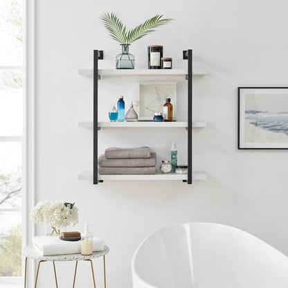 Modern 3-Tier Hanging Bracket Wall Shelves in Black Metal and White Birch Finish