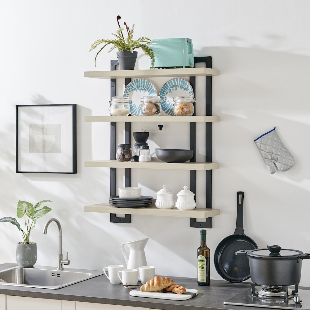 4-Tier Floating Bracket Wall Shelf - Black Metal and White Birch Finish
