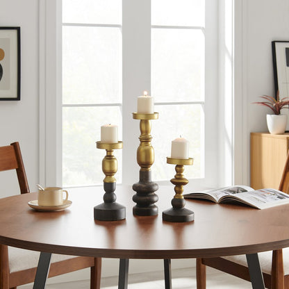 Nara Brass Wood Taper Candlestick Pillar Candle Holders - Set of 3