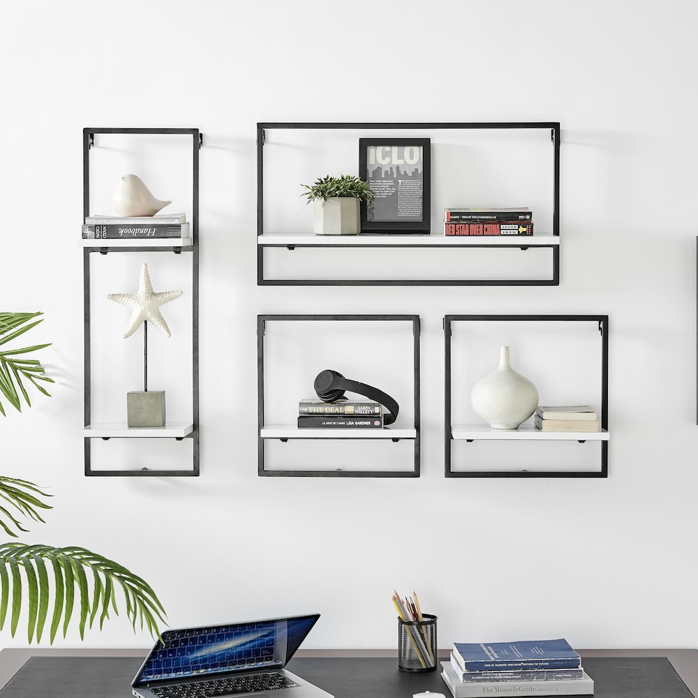 Framed Wall Art 4-Piece Modern Shelf Set - Black Metal Frame White MDF Shelves