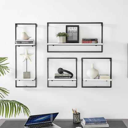 Framed Wall Art 4-Piece Modern Shelf Set - Black Metal Frame White MDF Shelves