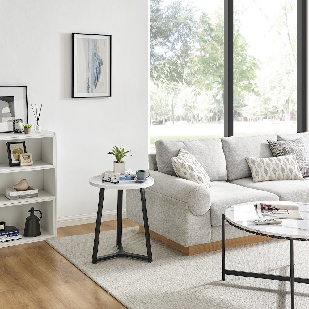 Harper Midcentury Round Raised Lip Edge Side Accent Table - White Marble/Black