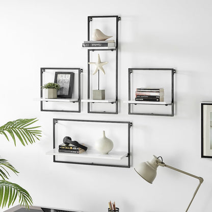 Framed Wall Art 4-Piece Modern Shelf Set - Black Metal Frame White MDF Shelves