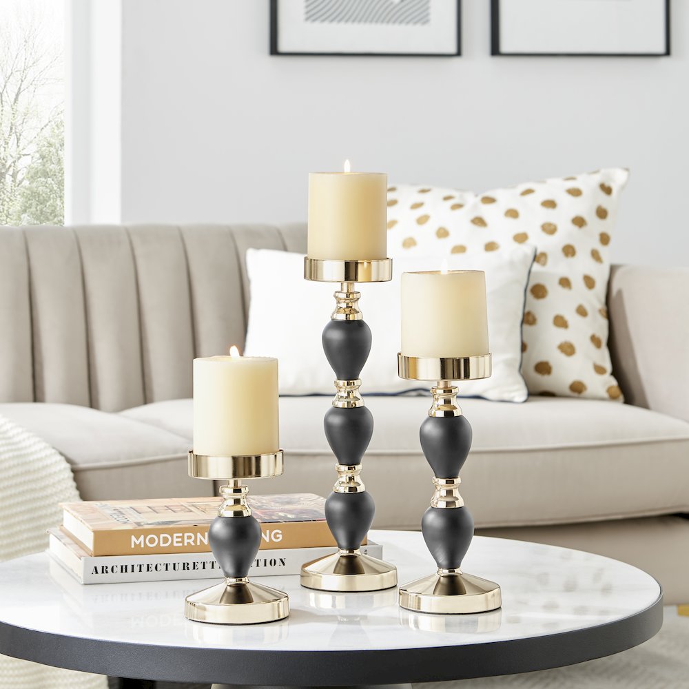 Talia Black and Gold Candlestick Taper Candle Holders - Set of 3