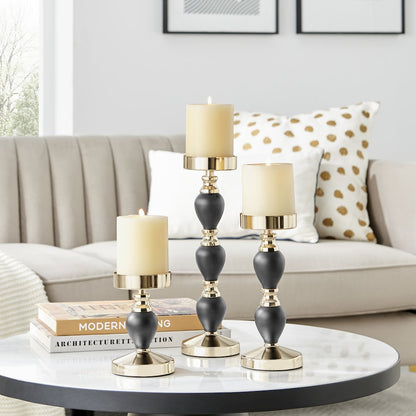 Talia Black and Gold Candlestick Taper Candle Holders - Set of 3