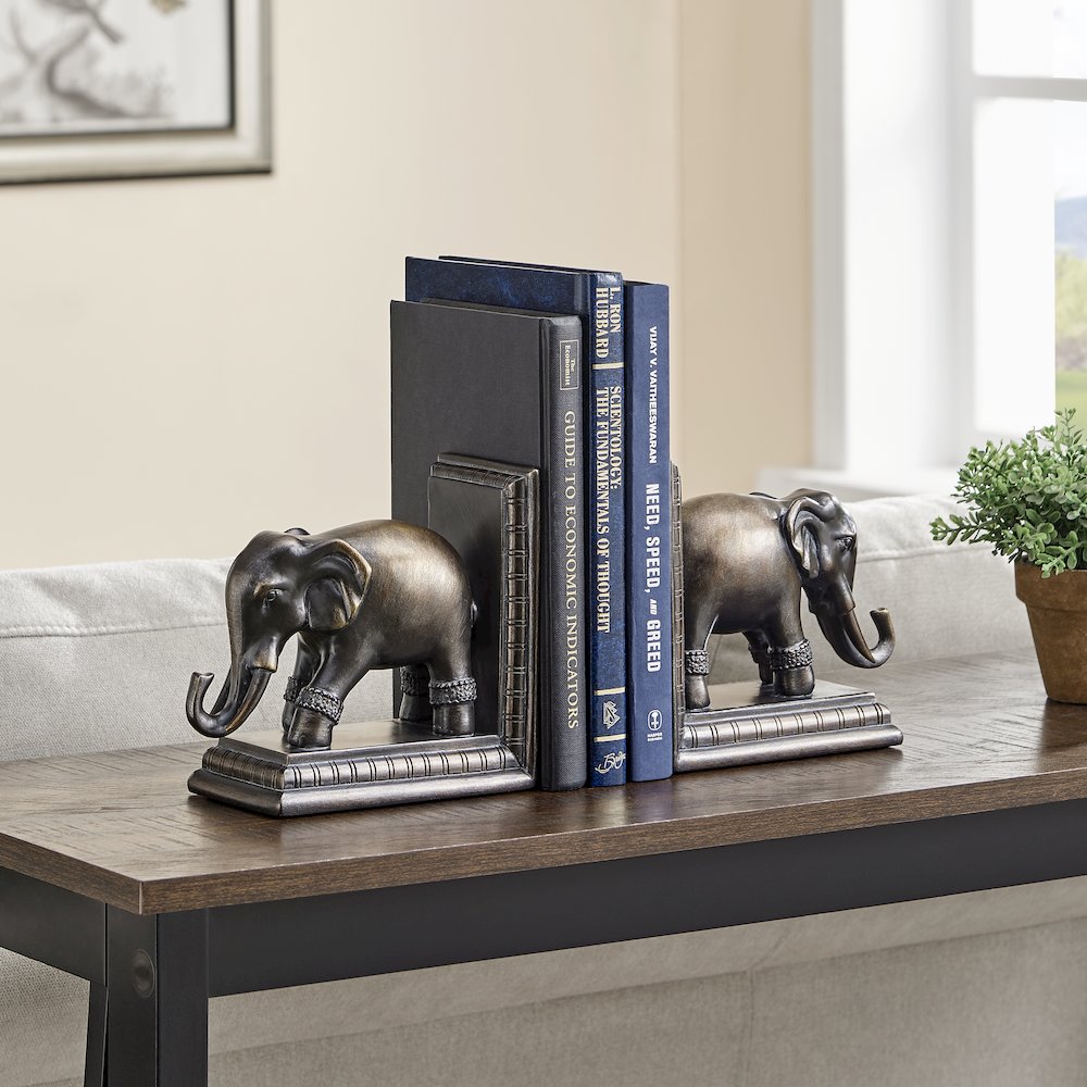 Ornate Elephants Polyresin Bronze Patina Finish Bookend Set of 2