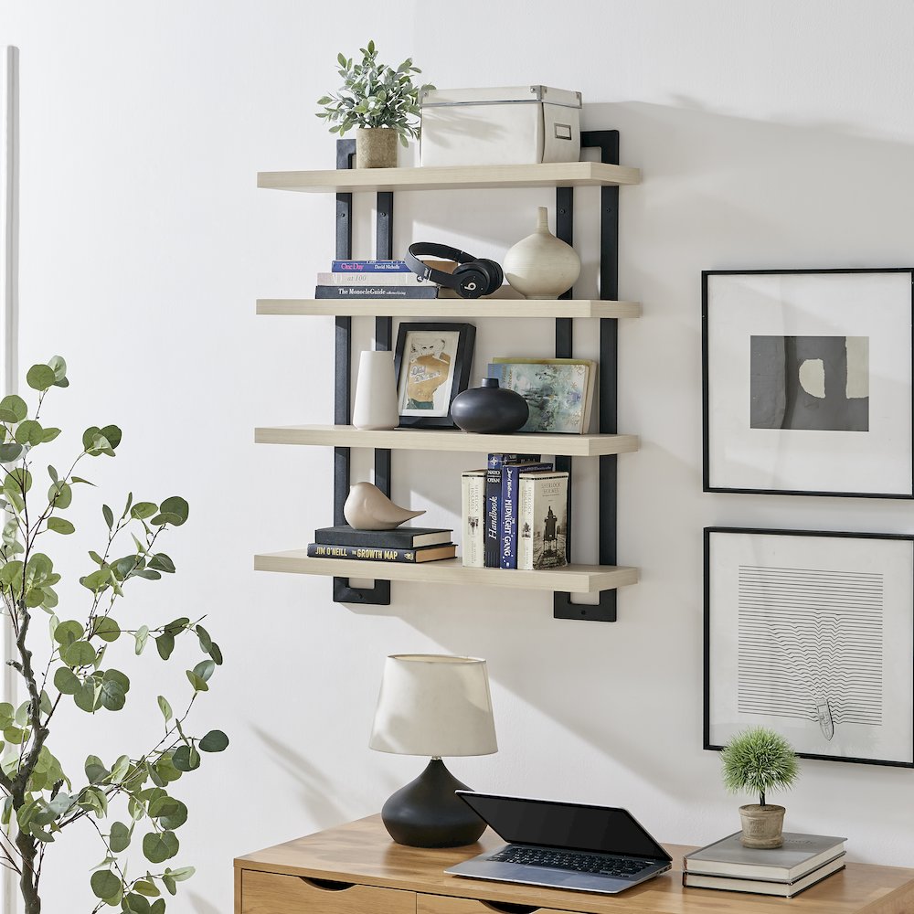 4-Tier Floating Bracket Wall Shelf - Black Metal and White Birch Finish