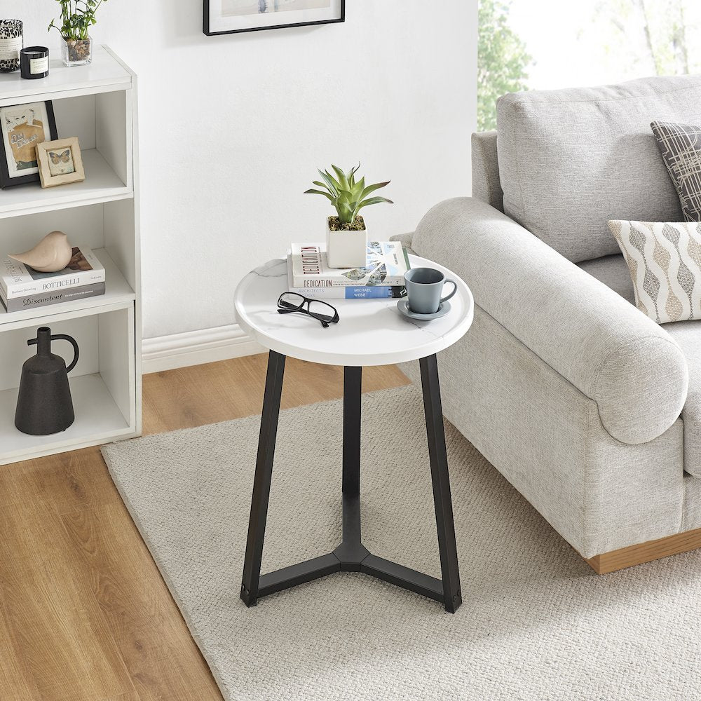 Harper Midcentury Round Raised Lip Edge Side Accent Table - White Marble/Black