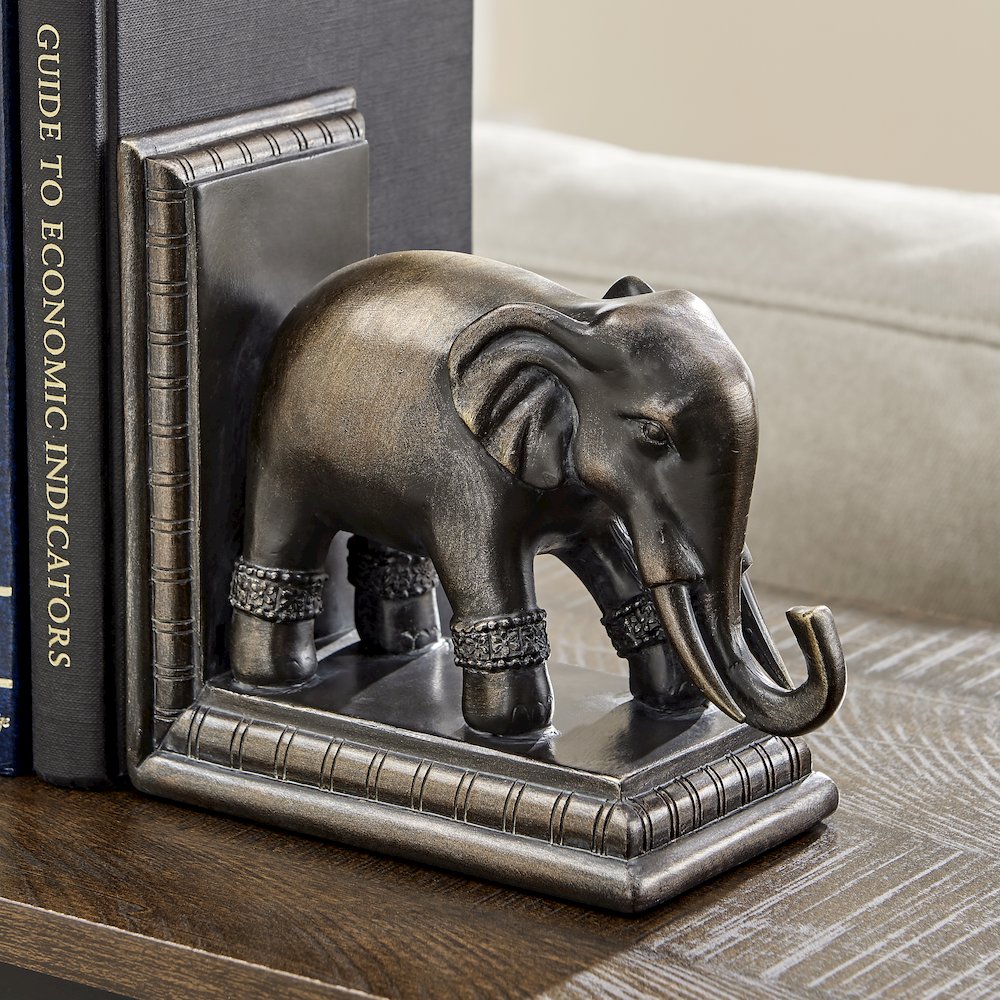 Ornate Elephants Polyresin Bronze Patina Finish Bookend Set of 2
