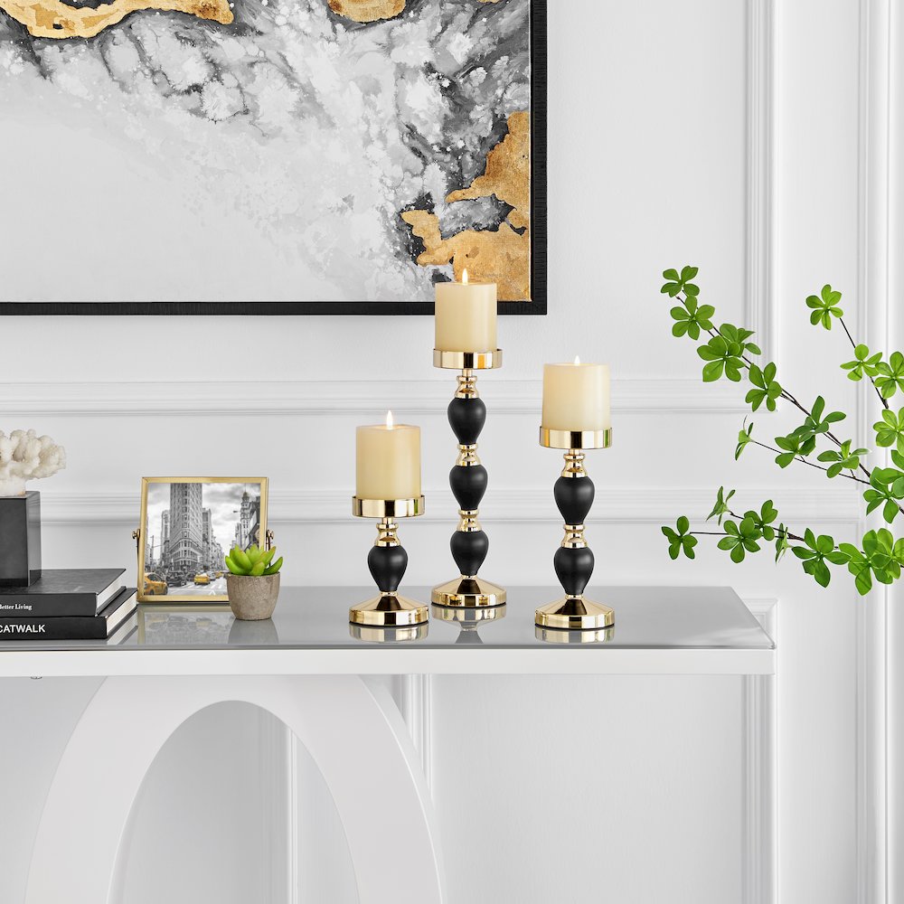 Talia Black and Gold Candlestick Taper Candle Holders - Set of 3