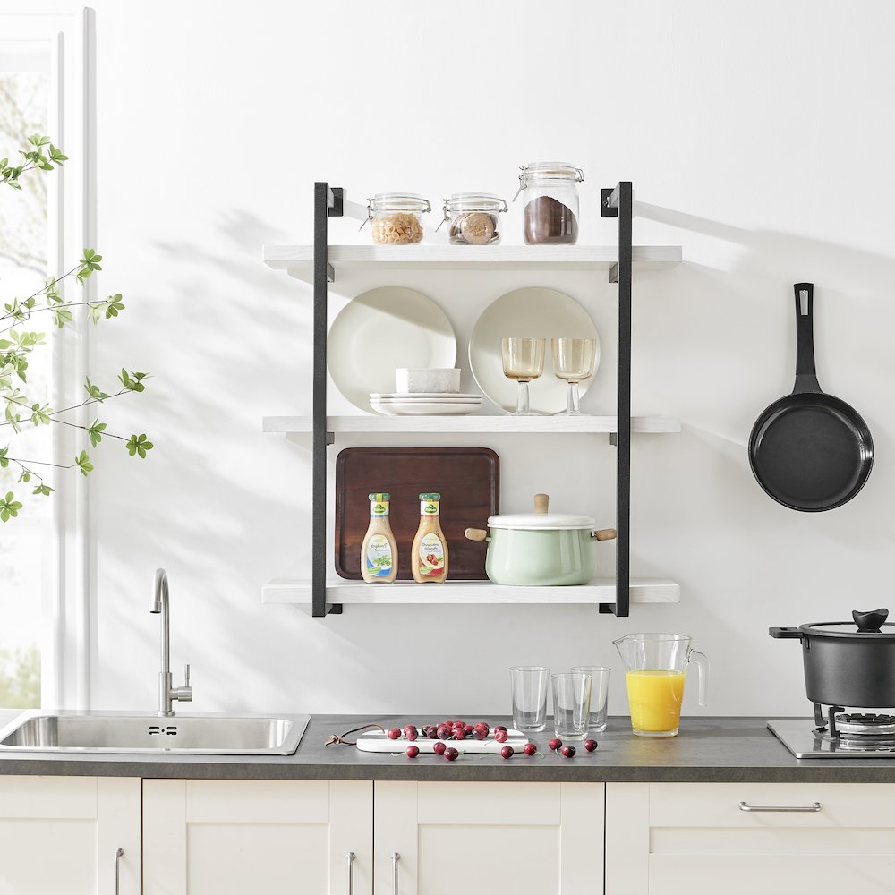 Modern 3-Tier Hanging Bracket Wall Shelves in Black Metal and White Birch Finish