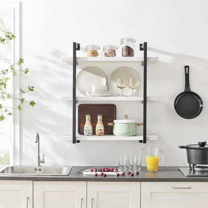 Modern 3-Tier Hanging Bracket Wall Shelves in Black Metal and White Birch Finish