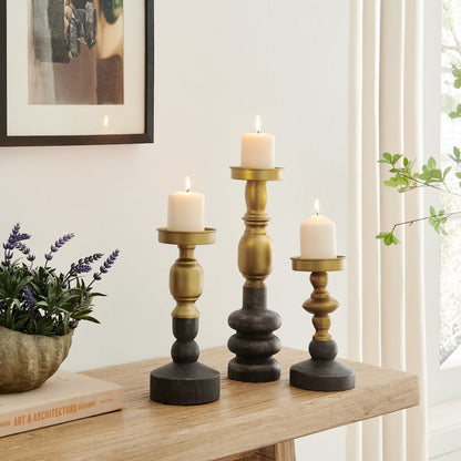 Nara Brass Wood Taper Candlestick Pillar Candle Holders - Set of 3
