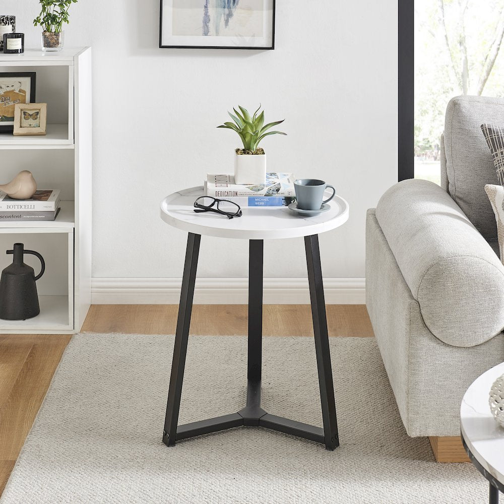 Harper Midcentury Round Raised Lip Edge Side Accent Table - White Marble/Black