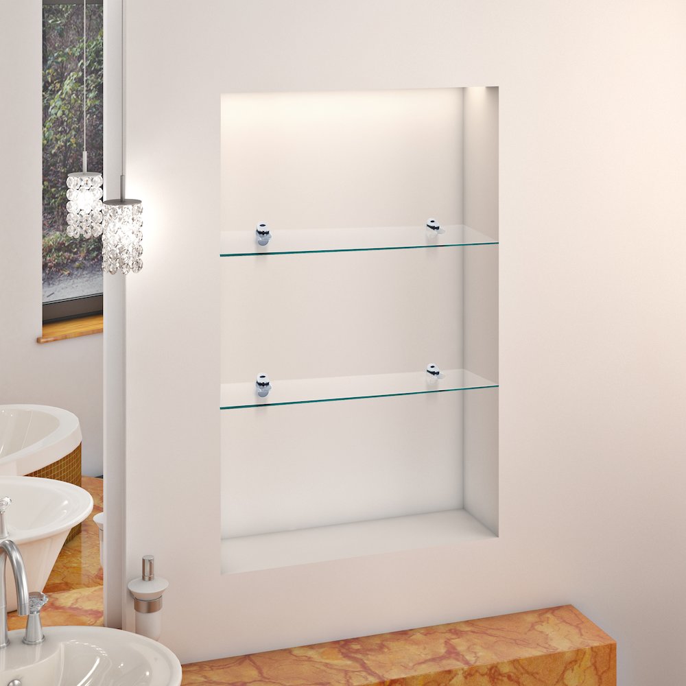 Set of 2 Clear Glass Floating Shelves with Chrome Brackets 16 x 6"