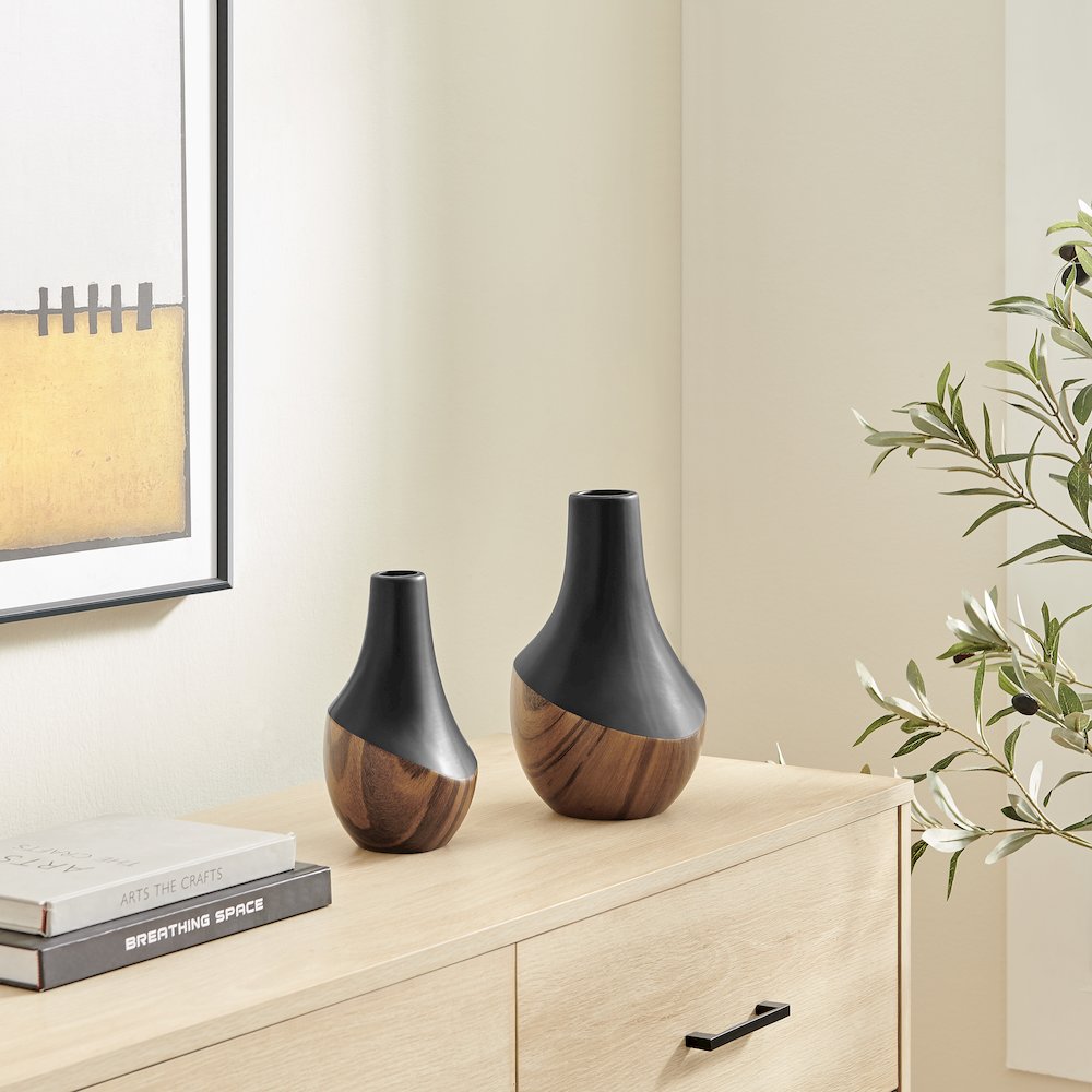 Milo Kalbas 2 Piece Gourd Modern Two Tone Tabletop Vase Set - Black and Walnut
