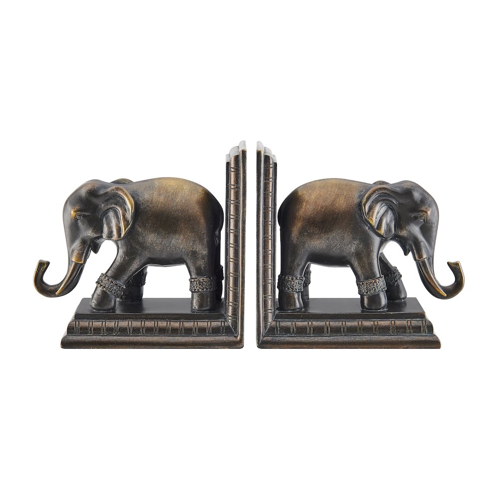 Ornate Elephants Polyresin Bronze Patina Finish Bookend Set of 2
