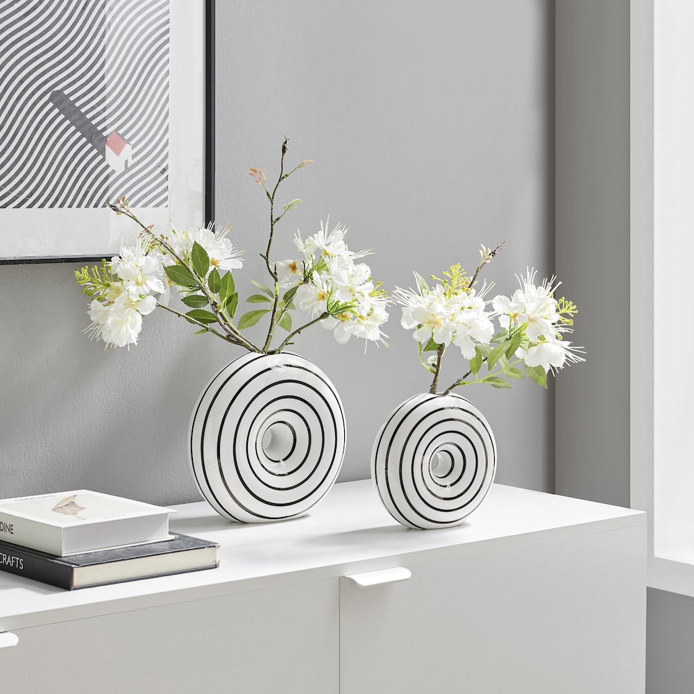 Etta 2 Piece Ceramic Black and White Striped Round Hollow Circle Donut Vase Set