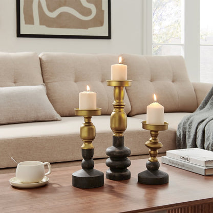 Nara Brass Wood Taper Candlestick Pillar Candle Holders - Set of 3