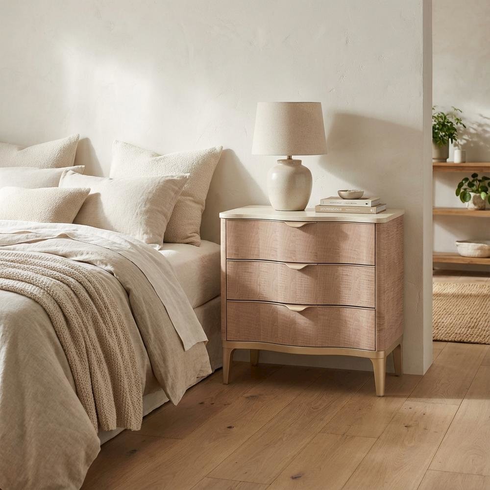 Blush Nightstand with Marble Top and Modern Design for Bedroom Storage