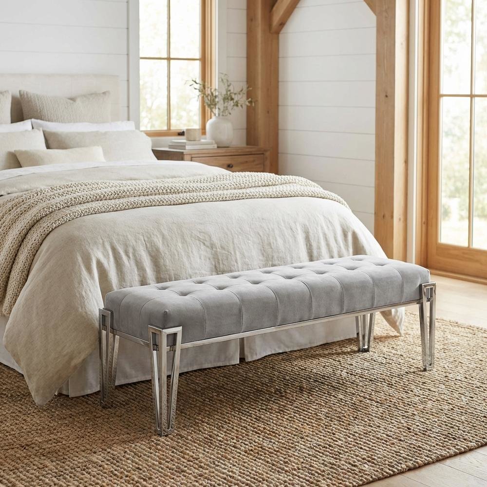 Rose Velvet Accent Bench - Gray/Chrome