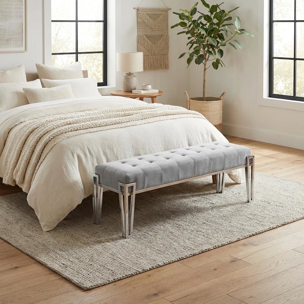 Rose Velvet Accent Bench - Gray/Chrome