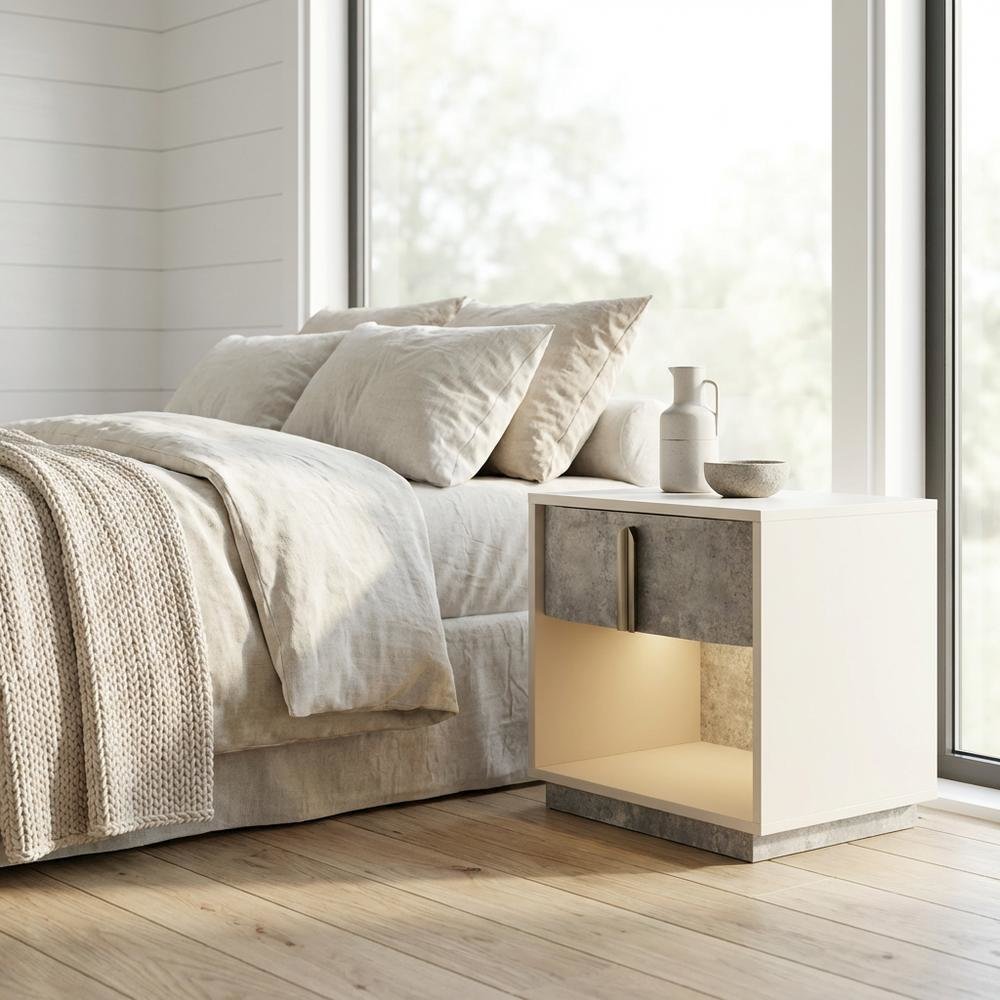 Pavira 1-Drawer Nightstand with LED Lights - Stone