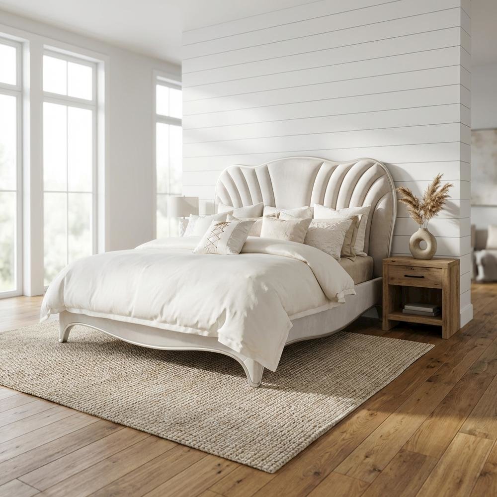 London Place Queen Velvet Panel Bed - Creamy Pearl