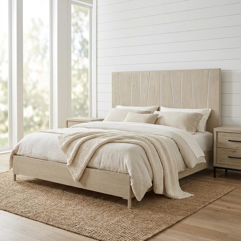 Lotus Bay King Panel Bed with LED Lights - Sand