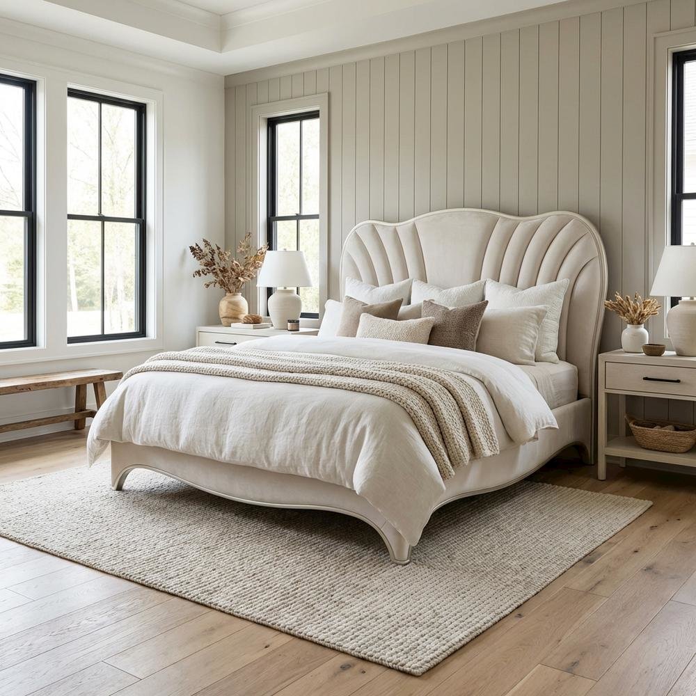 London Place Queen Velvet Panel Bed - Creamy Pearl