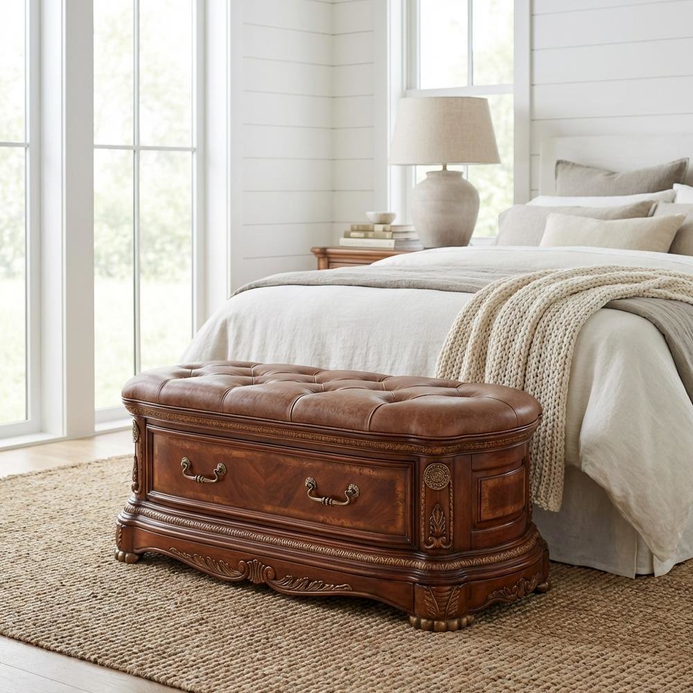 Cortina Leather Bedside Bench - Honey Walnut