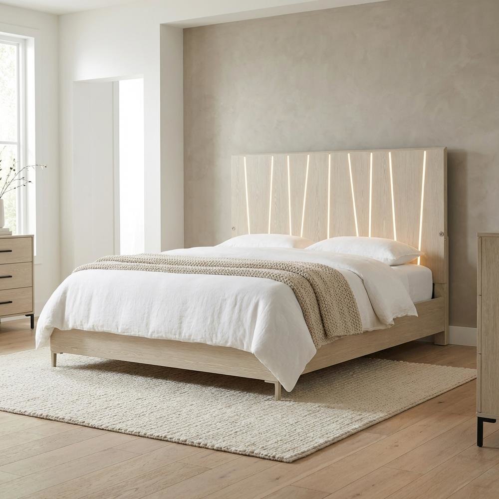 Lotus Bay King Panel Bed with LED Lights - Sand