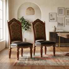 Classic Chestnut Dining Side Chairs with Leather & Jacquard Upholstery, Set of 2
