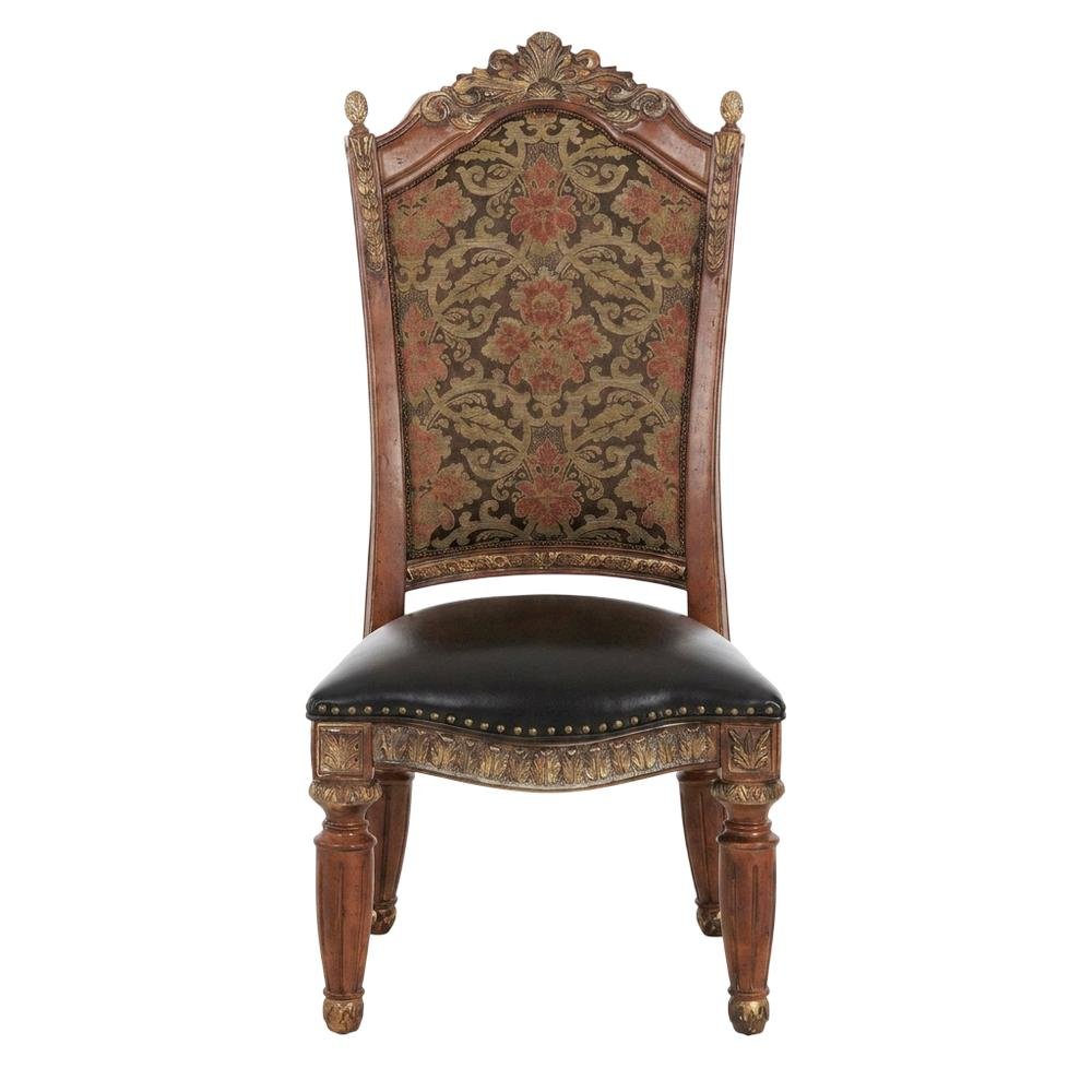 Classic Chestnut Dining Side Chairs with Leather & Jacquard Upholstery, Set of 2