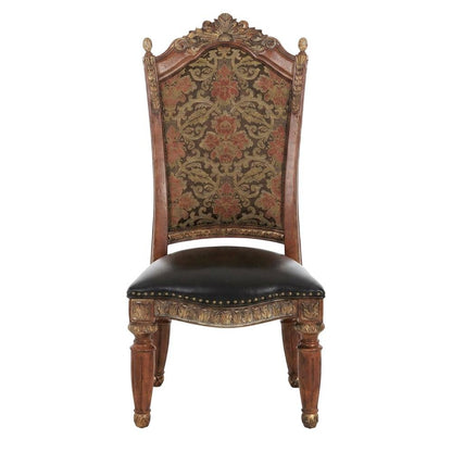 Classic Chestnut Dining Side Chairs with Leather & Jacquard Upholstery, Set of 2