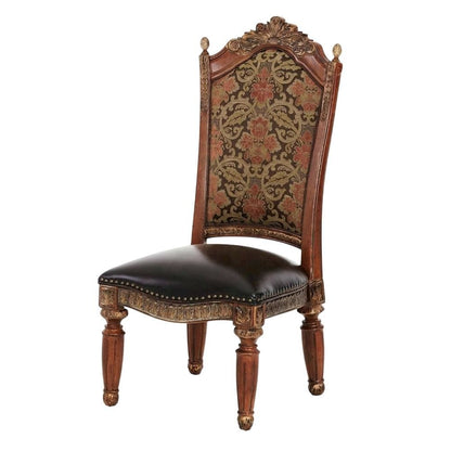 Classic Chestnut Dining Side Chairs with Leather & Jacquard Upholstery, Set of 2